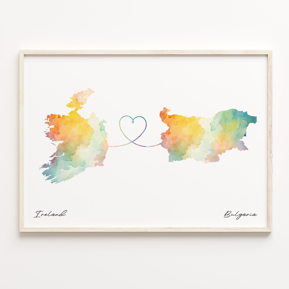 Ireland To Bulgaria Watercolor Map Poster Long Distance Heart Gift Art