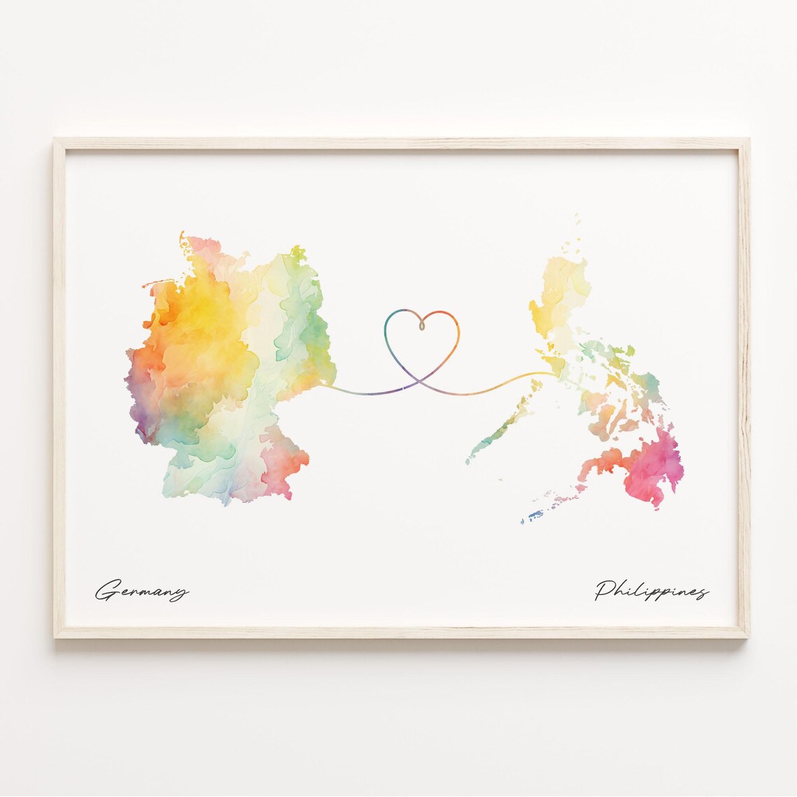 Germany Philippines Watercolor Heart Map Long Distance Love Print