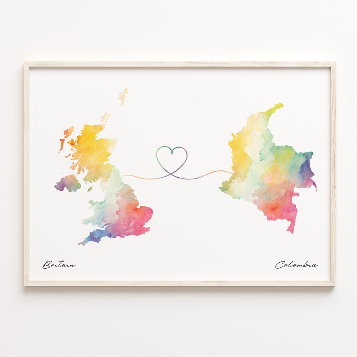 Britain to Colombia Watercolor Heart Map Long Distance Love Print
