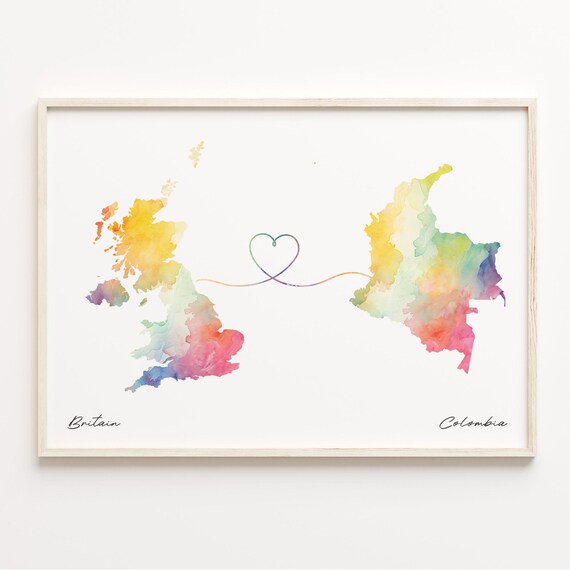 Britain to Colombia Watercolor Heart Map Long Distance Love Print