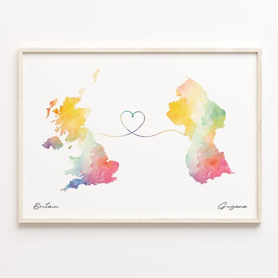 UK to Guyana Watercolor Heart Connection Long Distance Gift Poster
