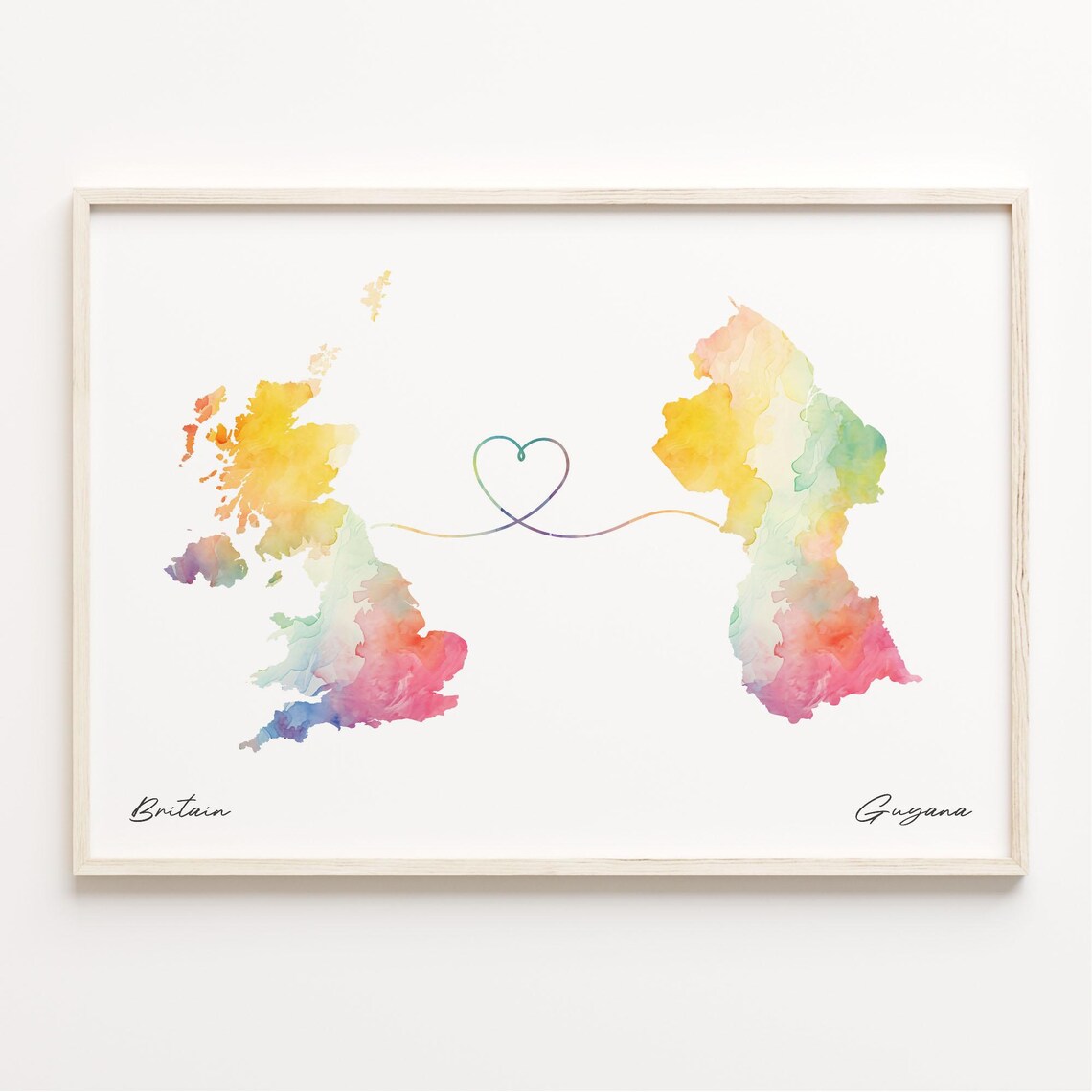 UK to Guyana Watercolor Heart Connection Long Distance Gift Poster
