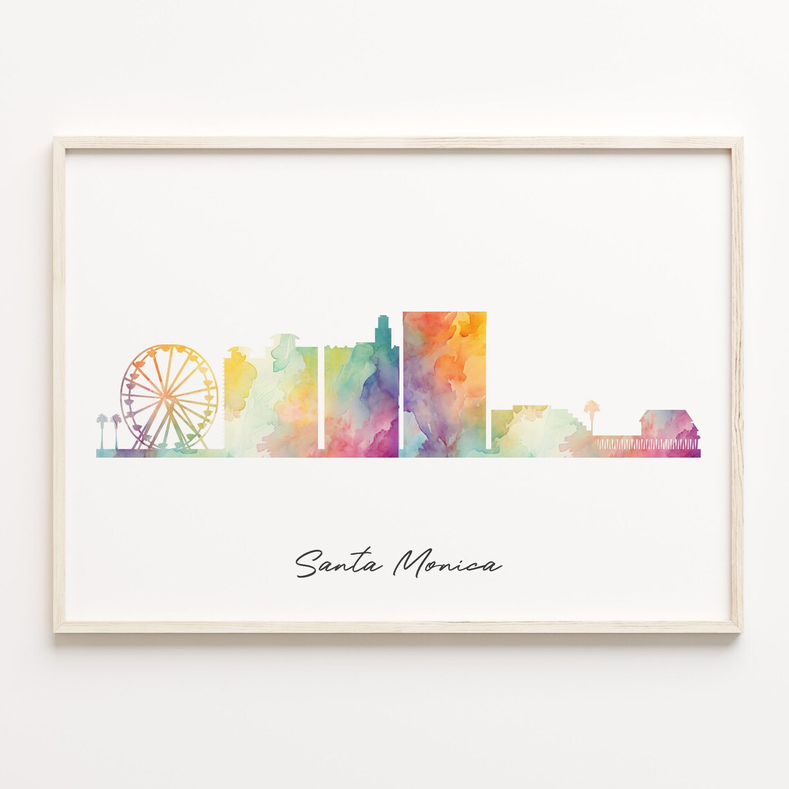 Santa Monica Watercolor Skyline Ferris Wheel Travel Wall Poster