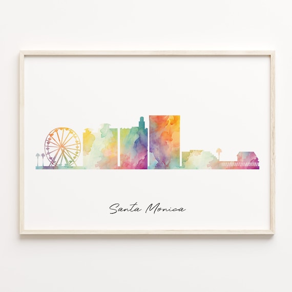 Santa Monica Watercolor Skyline Ferris Wheel Travel Wall Poster