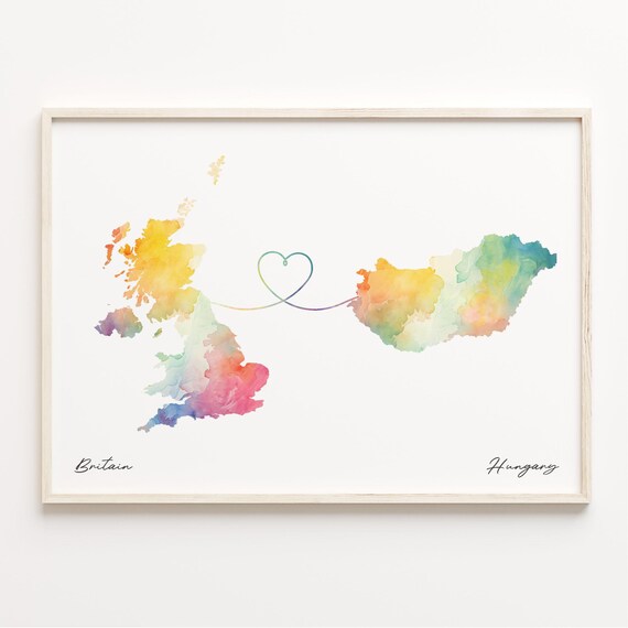 Britain To Hungary Watercolor Map Print With Heart Line Heritage Gift