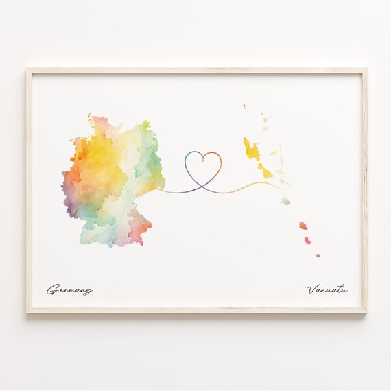 Germany Vanuatu Watercolor Heart Map Long Distance Love Gift Wall Art