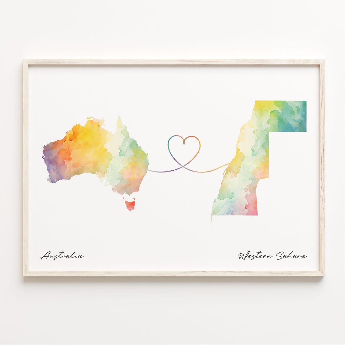 Australia to Western Sahara Watercolor Heart Map Love Poster