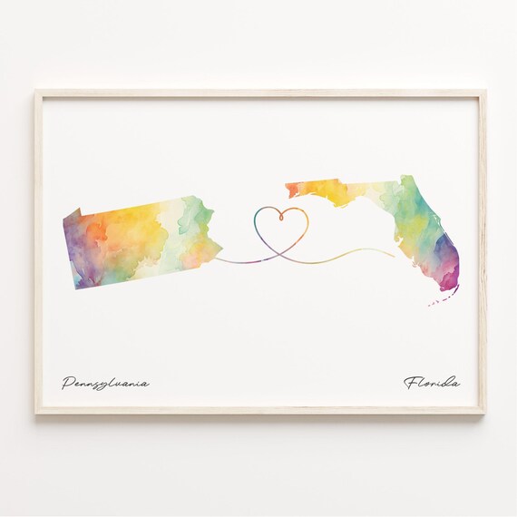 Pennsylvania to Florida Watercolor Heart Connection Map Poster