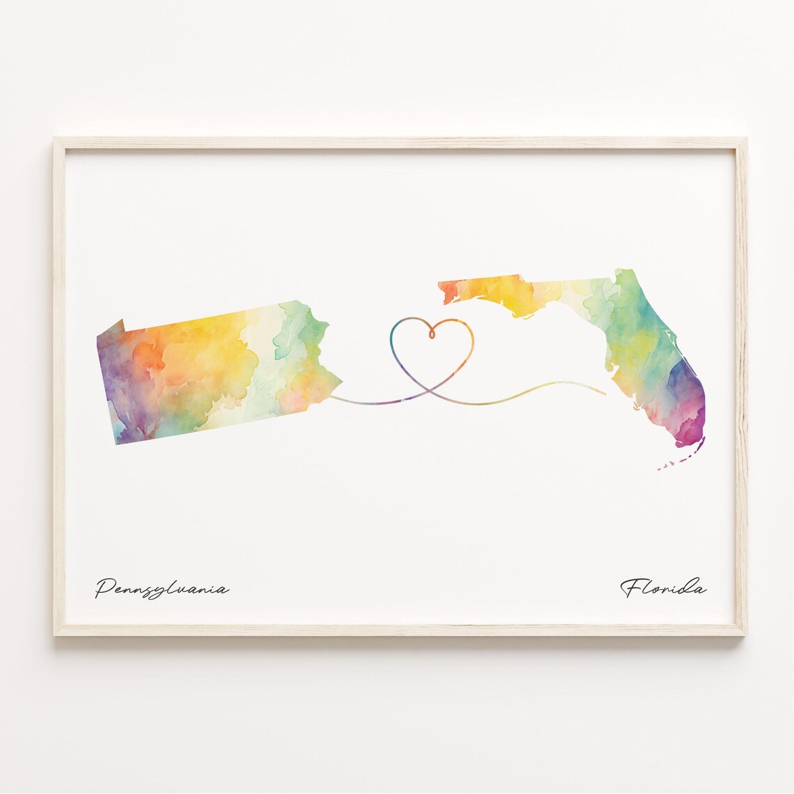 Pennsylvania to Florida Watercolor Heart Connection Map Poster