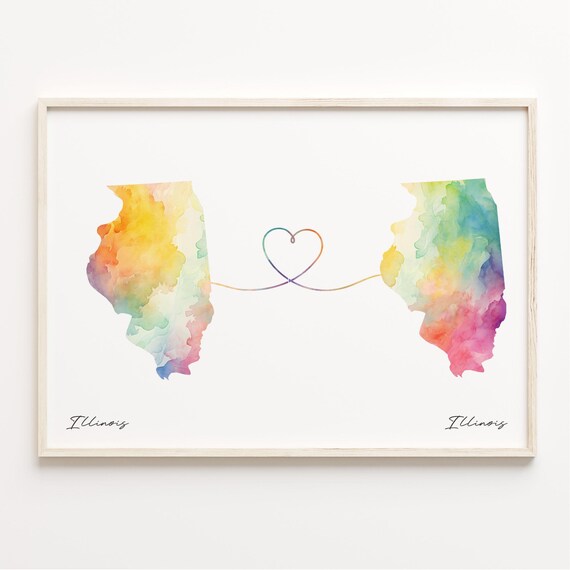 Illinois To Illinois Watercolor State Map Heart Connection Art Poster