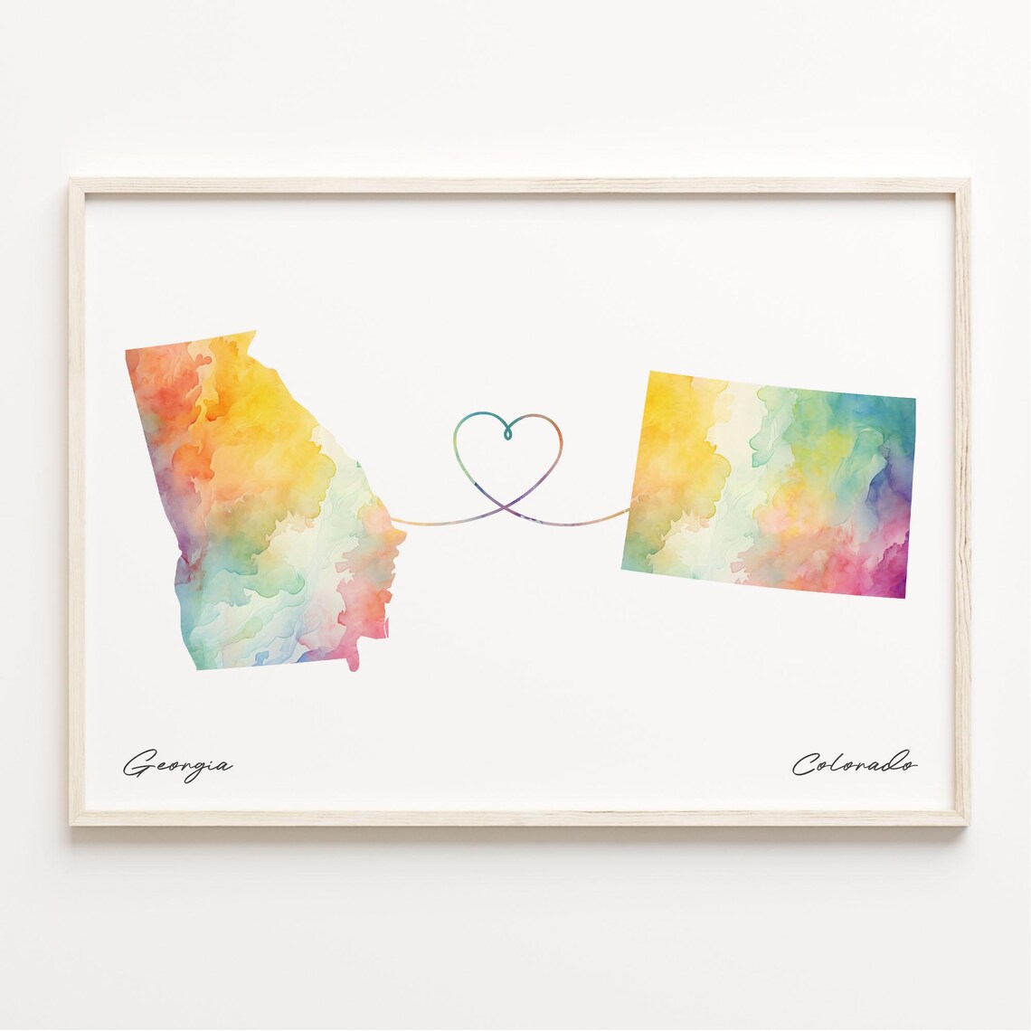 Georgia To Colorado Watercolor Map Heart Connection Long Distance Love Print