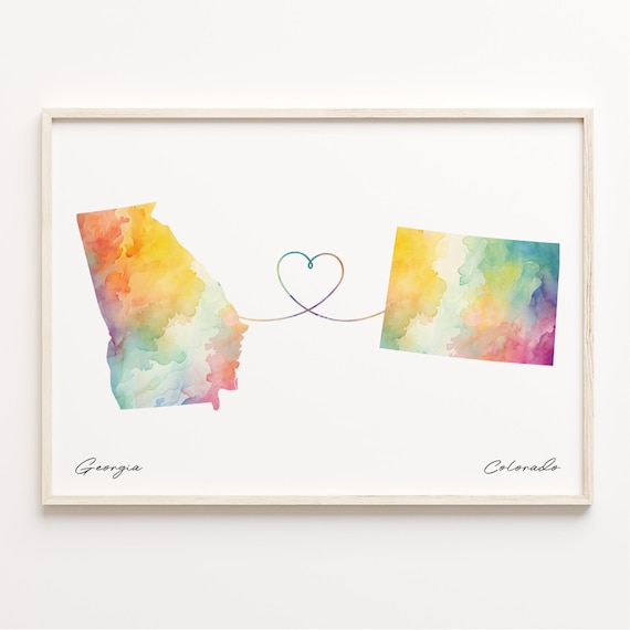 Georgia To Colorado Watercolor Map Heart Connection Long Distance Love Print
