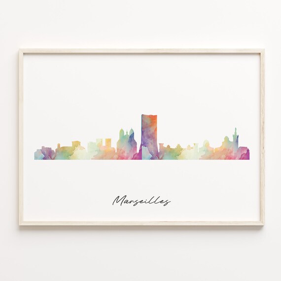 Marseilles France Colorful Watercolor Cityscape Skyline Art Poster