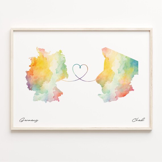 Germany to Chad Watercolor Map Heart Connection Travel Poster
