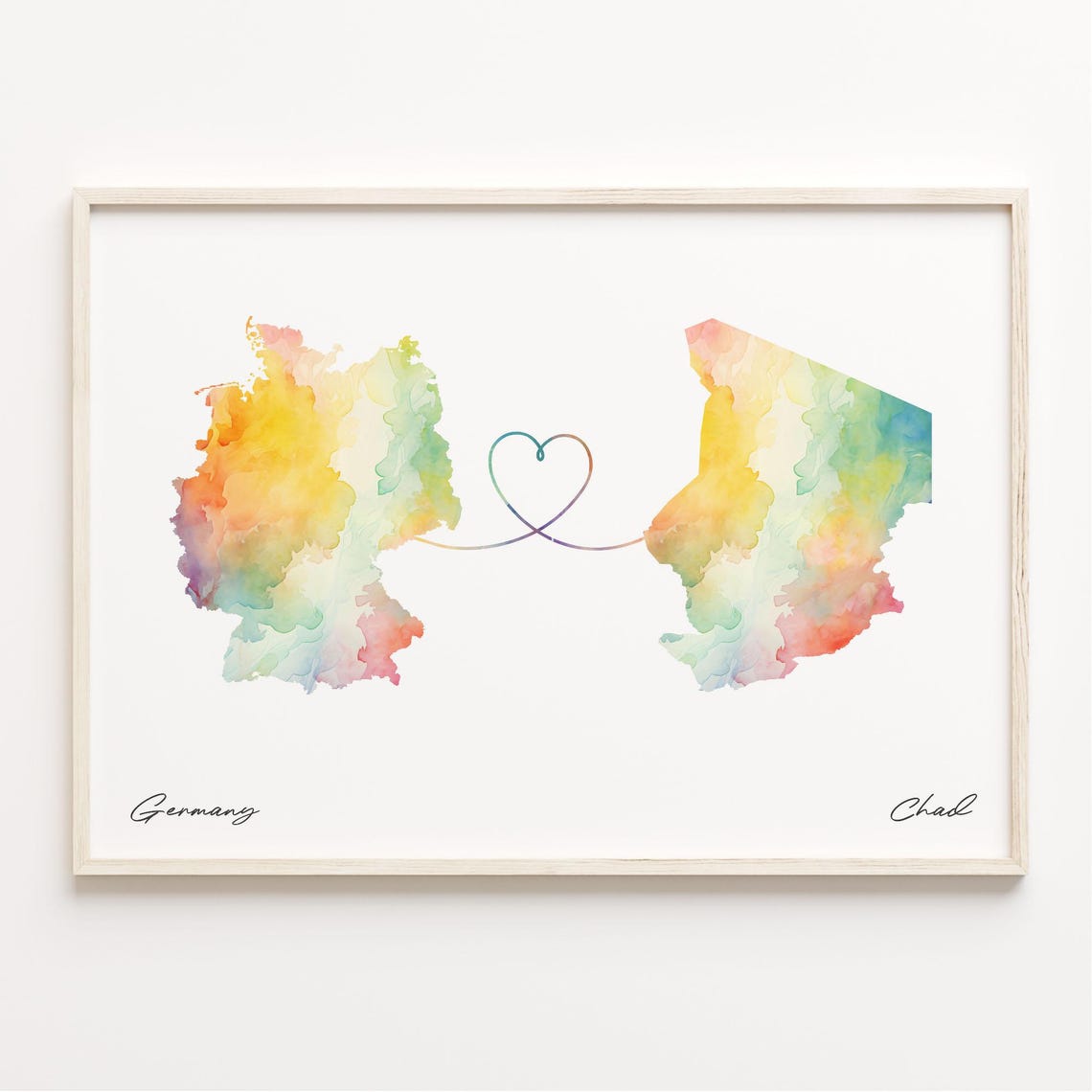 Germany to Chad Watercolor Map Heart Connection Travel Poster