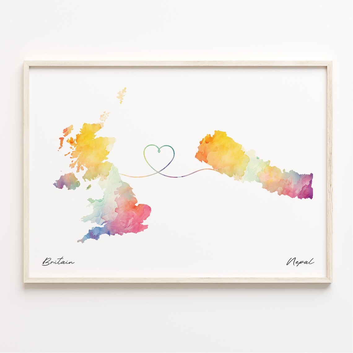 UK to Nepal Watercolor Map Poster, Travel Print