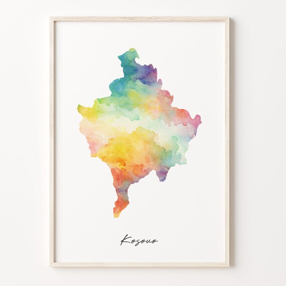 Kosovo Watercolor Map Rainbow Country Silhouette Geography Wall Poster