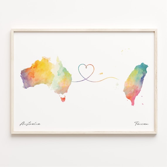 Australia to Taiwan Watercolor Map Long Distance Love Heart Print