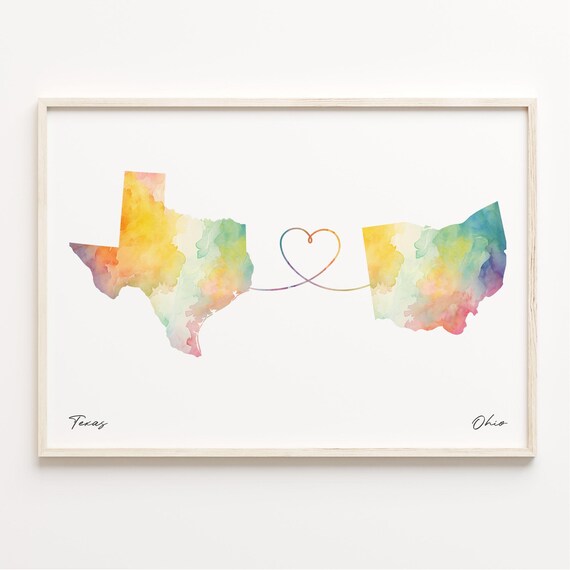 Texas To Ohio Watercolor Maps Joined By Heart Line Keepsake Art Print