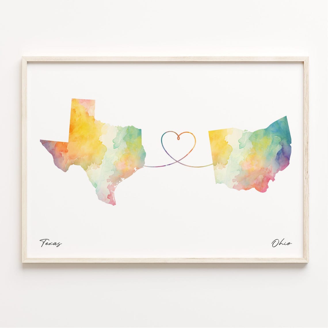 Texas To Ohio Watercolor Maps Joined By Heart Line Keepsake Art Print