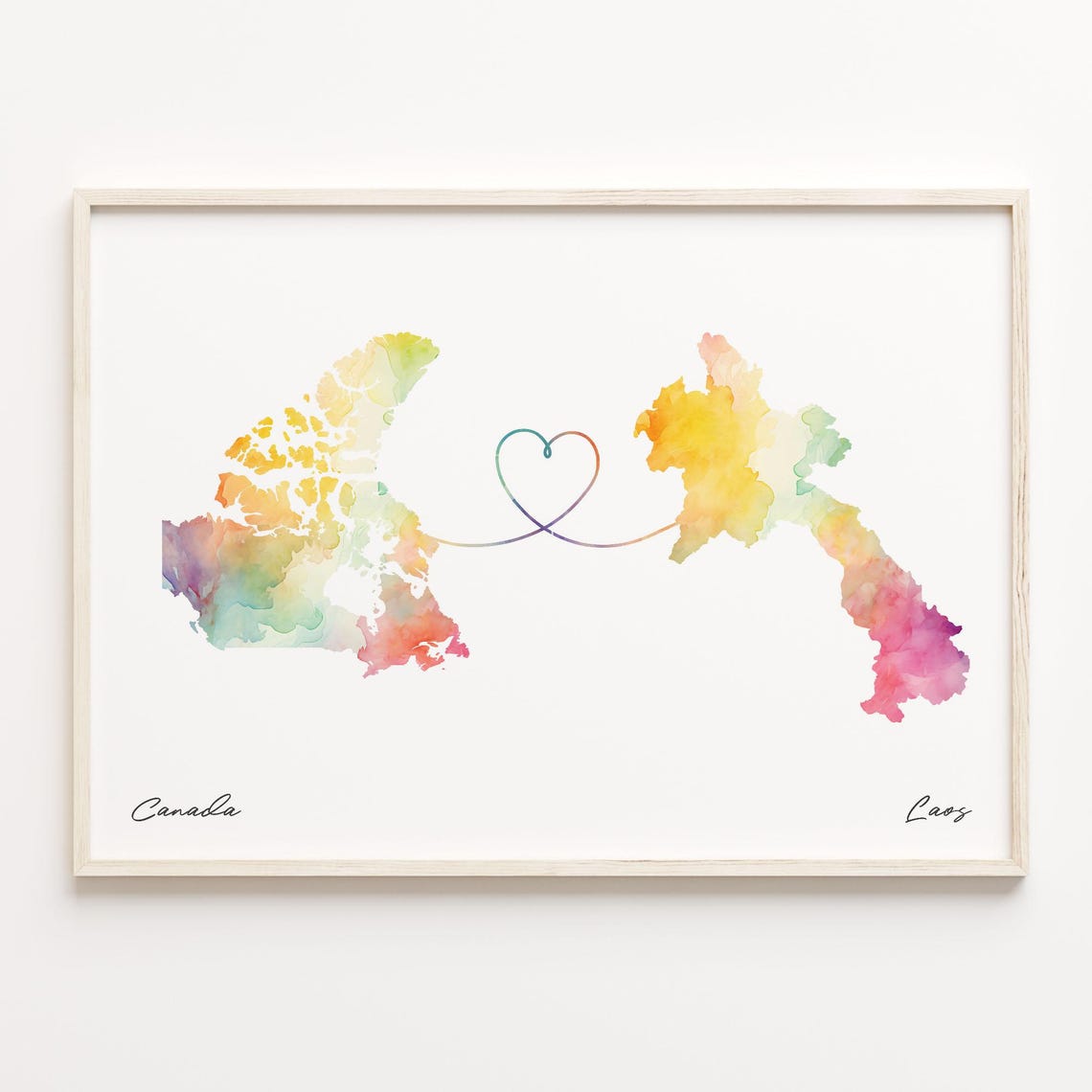 Canada To Laos Romantic Watercolor Love Map Heart Connection Poster