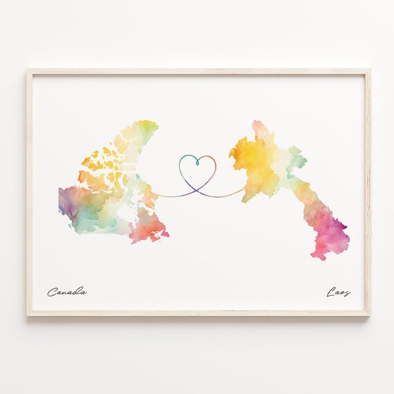 Canada To Laos Romantic Watercolor Love Map Heart Connection Poster