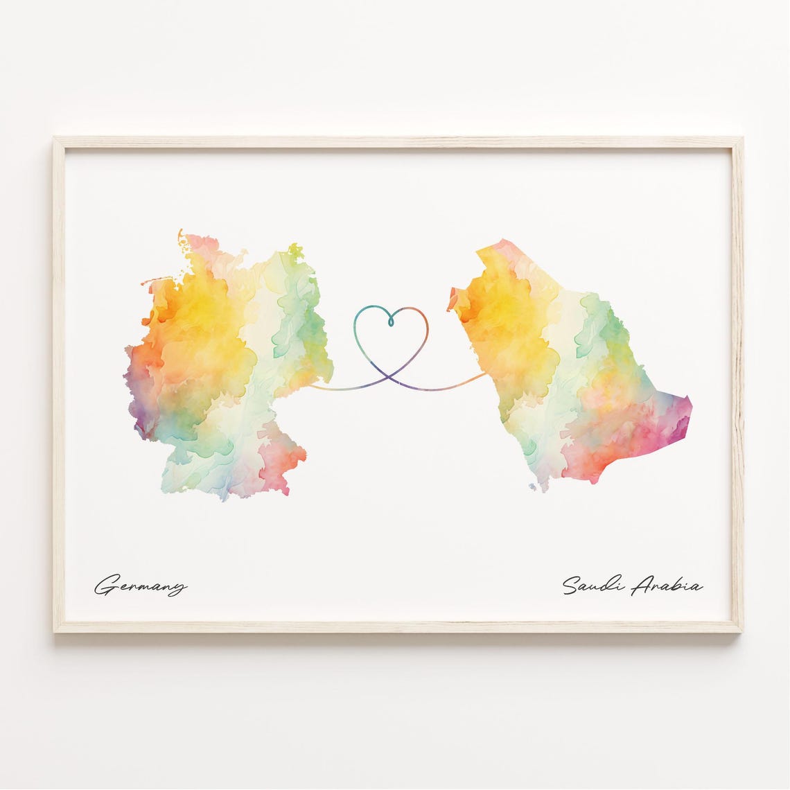 Germany to Saudi Arabia Watercolor Heart Connection Map Art Print