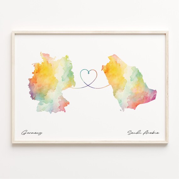 Germany to Saudi Arabia Watercolor Heart Connection Map Art Print