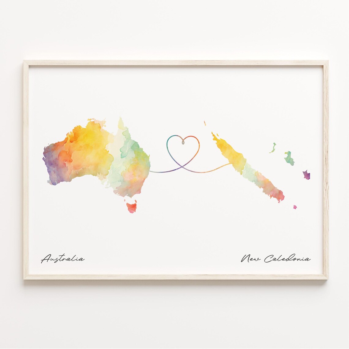 Australia to New Caledonia Love Heart Watercolor Map Poster Art