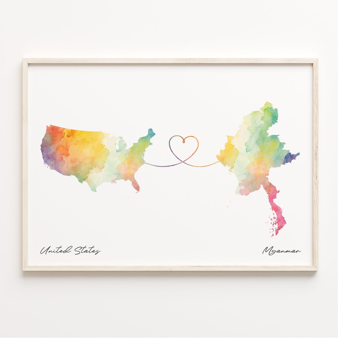 Us To Myanmar Watercolor Map Poster, Travel Print