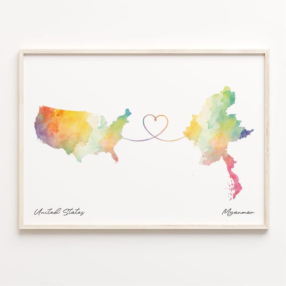 Us To Myanmar Watercolor Map Poster, Travel Print