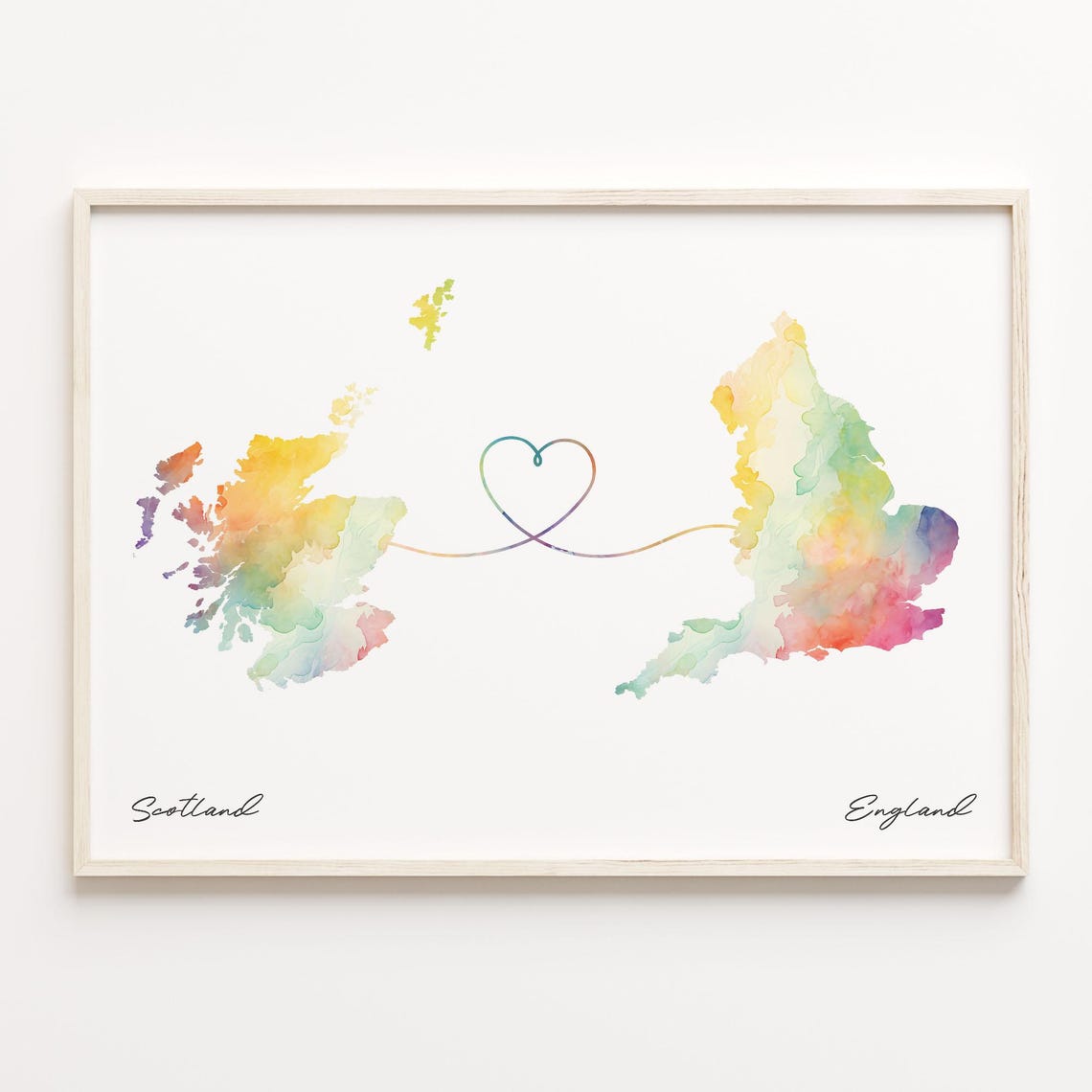 Scotland to England Watercolor Heart Map Long Distance Gift Poster