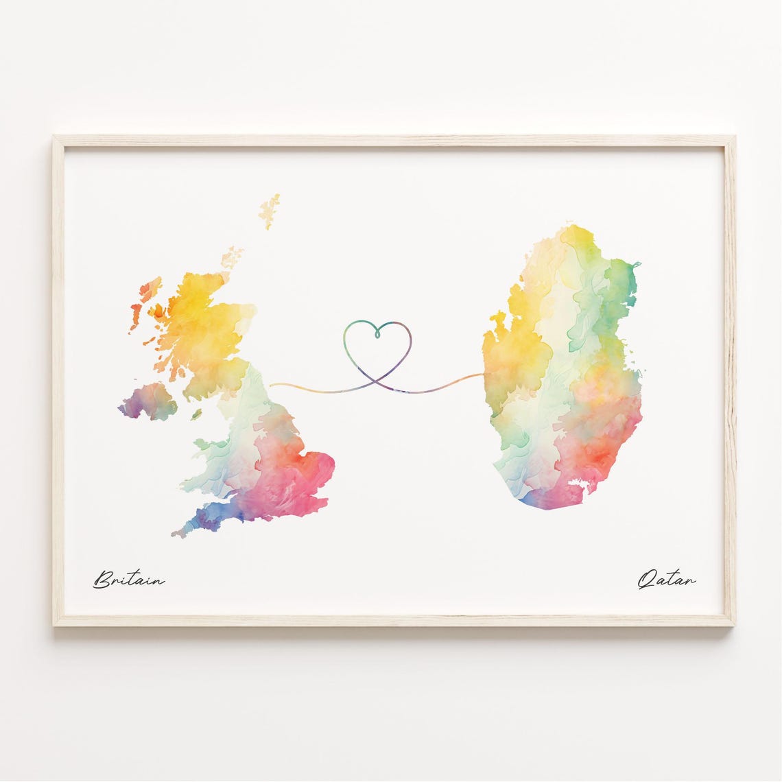 Britain to Qatar Watercolor Map Art Long Distance Gift Poster