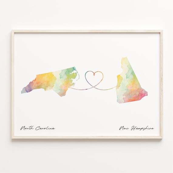 North Carolina To New Hampshire Heart Map Long Distance Love Poster