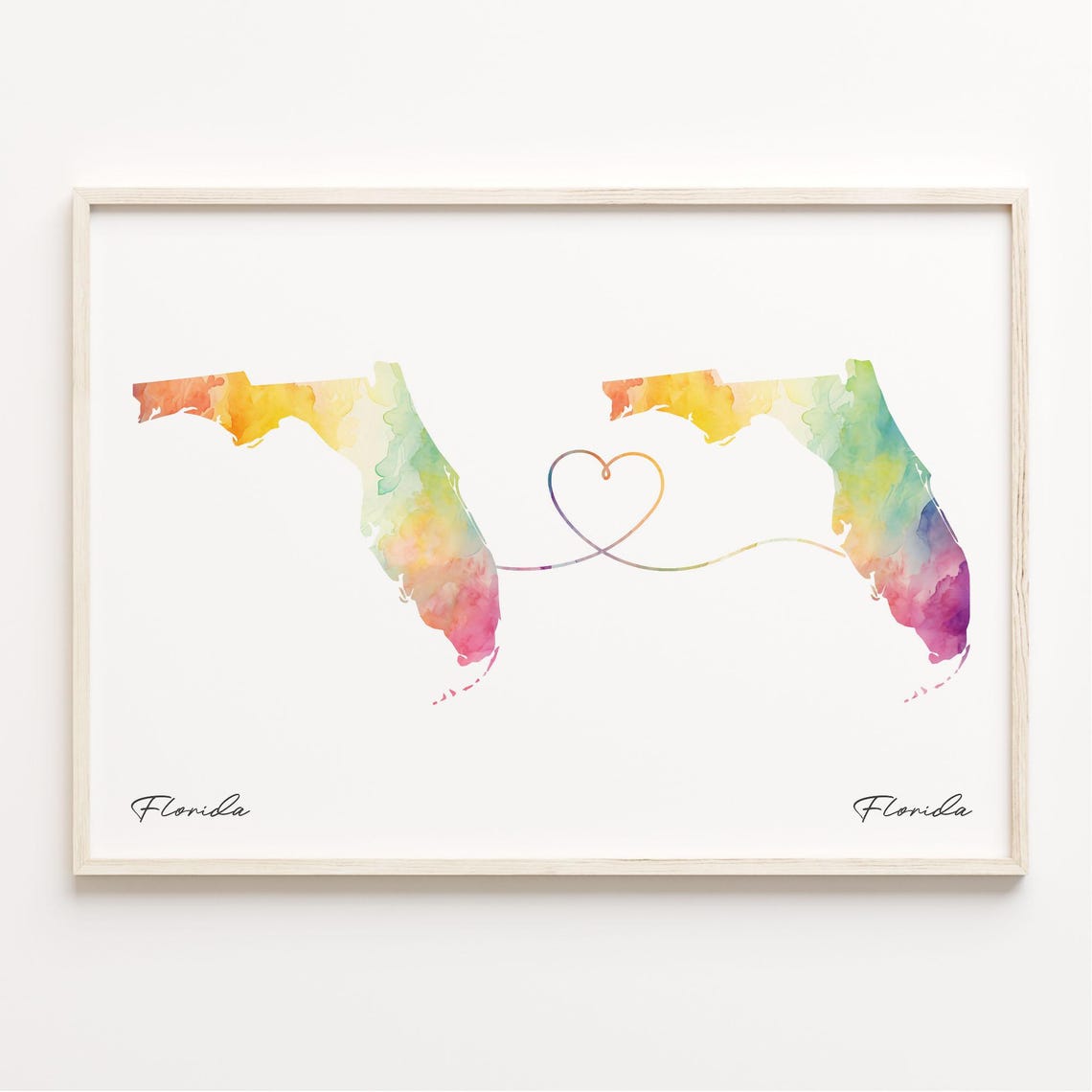 Florida Romance Watercolor State Map Duo Heart Line Art Poster