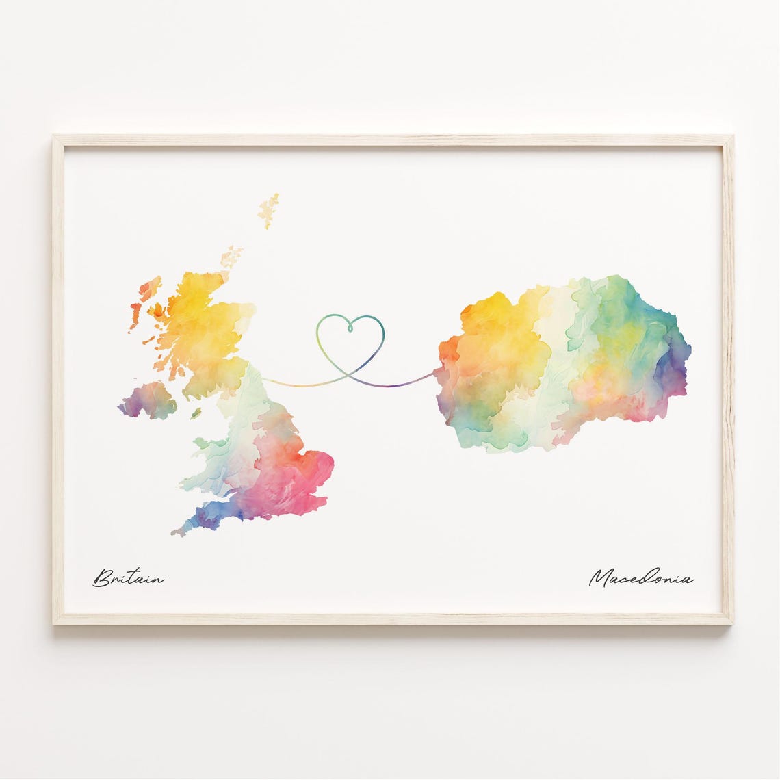Britain to Macedonia Watercolor Map with Heart Connection Poster