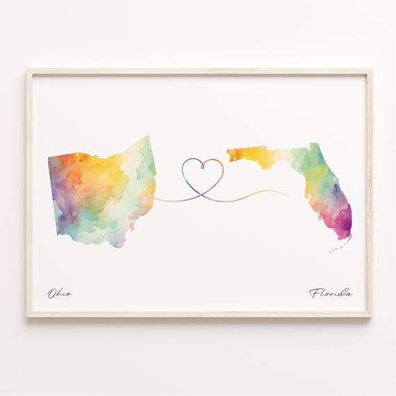 Ohio To Florida Watercolor Heart Map Long Distance Love Poster