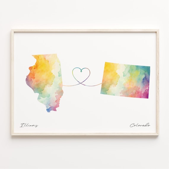 Illinois to Colorado Watercolor Heart Map Long Distance Poster