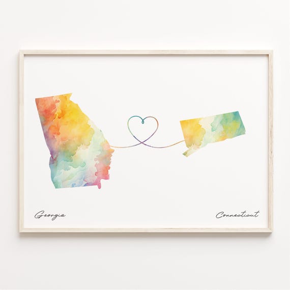 Georgia To Connecticut Print Watercolor Map Poster Connecticuter Gift Travel Wall Art Cultural Roots C231565