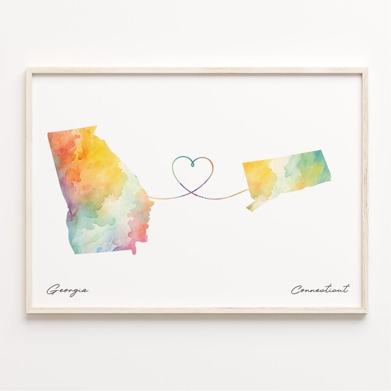Georgia To Connecticut Watercolor Map Heart Connection Long Distance Love Print