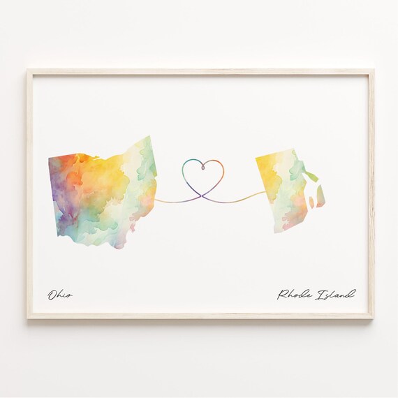 Ohio To Rhode Island Watercolor Map Heart Sweet Connection Poster