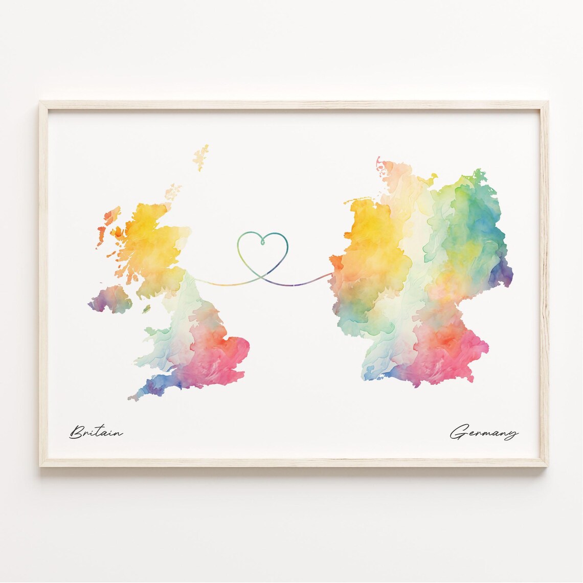 Britain to Germany Watercolor Heart Connection Map Art Poster