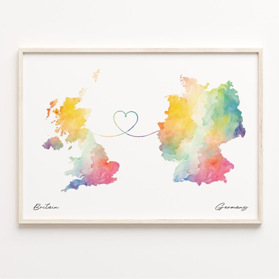 Britain to Germany Watercolor Heart Connection Map Art Poster