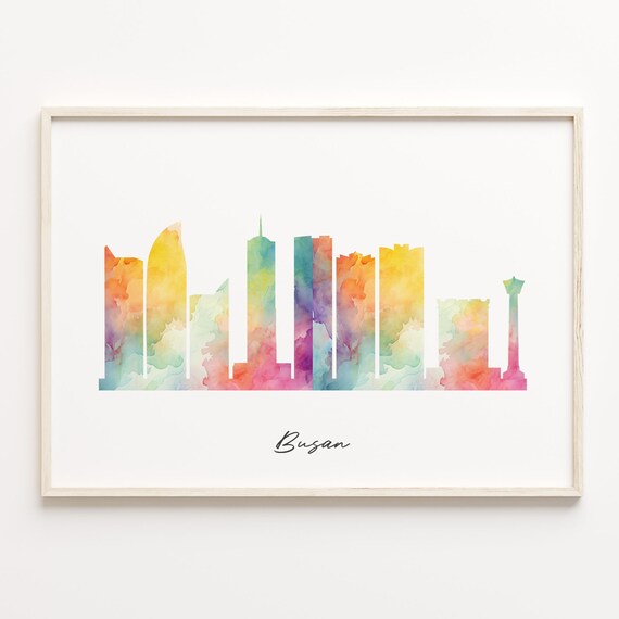 Busan South Korea Colorful Watercolor Skyline Cityscape Poster