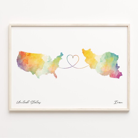 United States to Iran Watercolor Map Heart Travel Art Poster