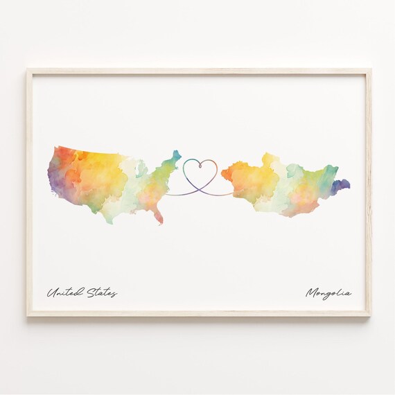 United States to Mongolia Watercolor Heart Connection Map Poster