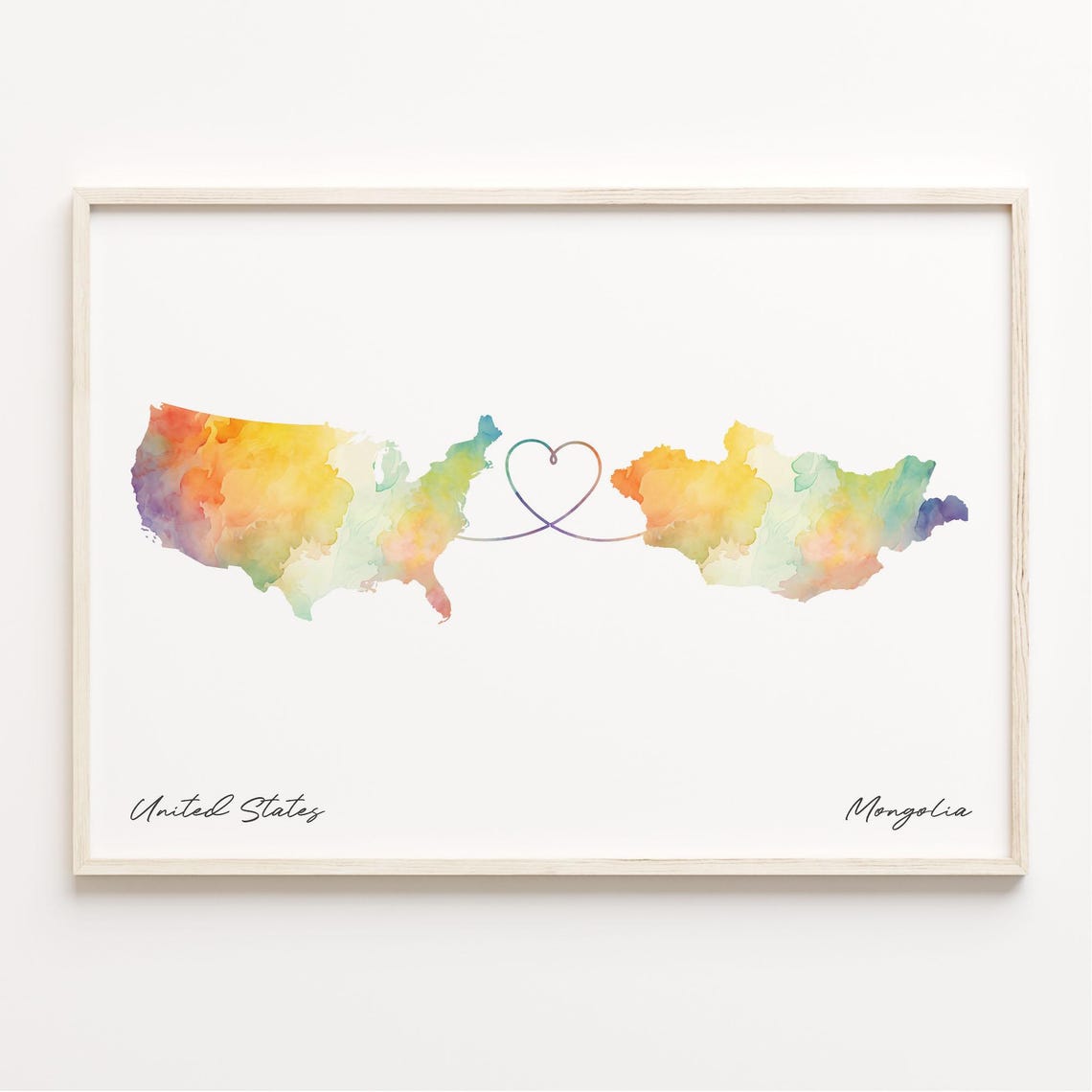 United States to Mongolia Watercolor Heart Connection Map Poster