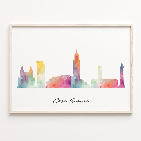 Casa Blanca Morocco Rainbow Watercolor Skyline Cityscape Travel Poster