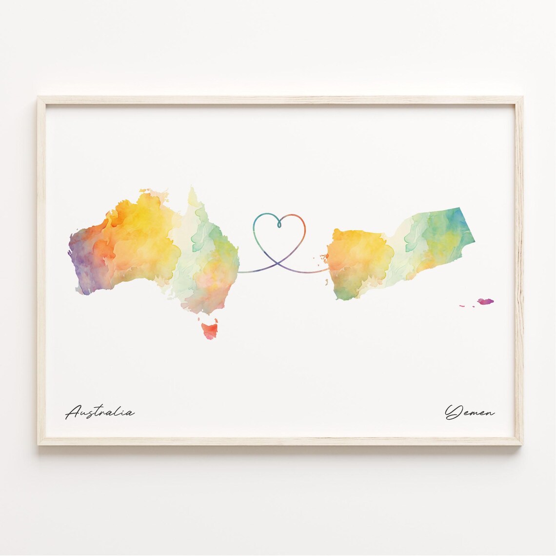 Australia to Yemen Watercolor Map Heart Connection Love Poster