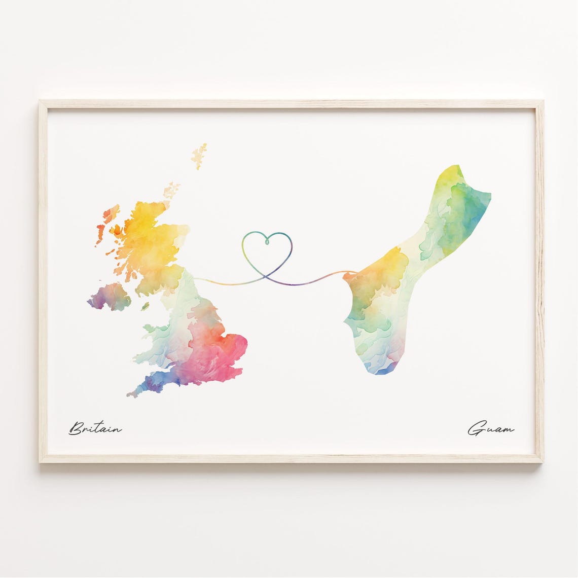 Britain To Guam Watercolor Map Heart Long Distance Love Poster
